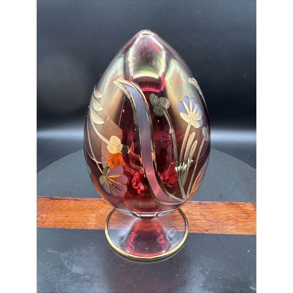 Ruby Red Etched Glass Egg Shape With 22K Gold Accents Table Ornament